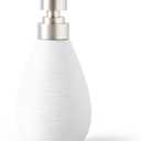 Durable Ceramic Soap Dispenser with Stainless Steel Pump Non-Slip Matte Finish, 350ml Refillable Bottle with Funnel for Bathroom, Kitchen, Shower, or Sink (White-Short)