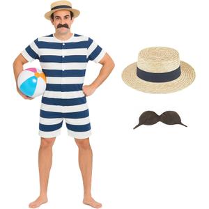 fun shack Old Time Swimsuit Men, 1920s Bathing Suit Costume, Mens One Piece Swimsuit, Halloween Costumes For Men (X-Large, Blue)