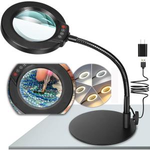 10X Magnifying Glass with Light and Stand, 5 Color Modes Stepless Dimmable LED Lighted Desk Lamp, Hands Free Flexible Gooseneck Magnifier with Light for Craft Hobby Painting Sewing Close Work (Black)
