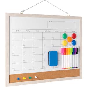 Dry Erase Calendar Whiteboard, 17" x 13" Magnetic Whiteboard Cork Board Combo, Reusable Monthly Planner with 8 Markers, Eraser, Magnets and Pushpins, Hanging Dry Erase Board for Home, School - White