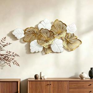 Roivikis Large Metal Wall Art Decor, 3D Abstract White & Gold Floral Leaves Wall Art, Handcrafted Modern Metal Wall Sculpture for Living Room, Bedroom, Entryway, 53.2" 27"