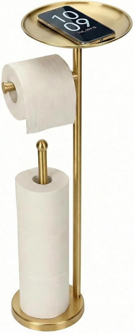 Kalitro Toilet Paper Holder Freestanding with Big Shelf, 4 Rolls Reserve Paper Holder Stand, Modern Paper Roll Holder with Storage Space for Phones (Gold)