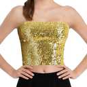 Womens Sparkly Sequin Mermaid Crop Tops, Strapless Metallic Tube Tops for Party Clubwear,Large-X-Large, Gold