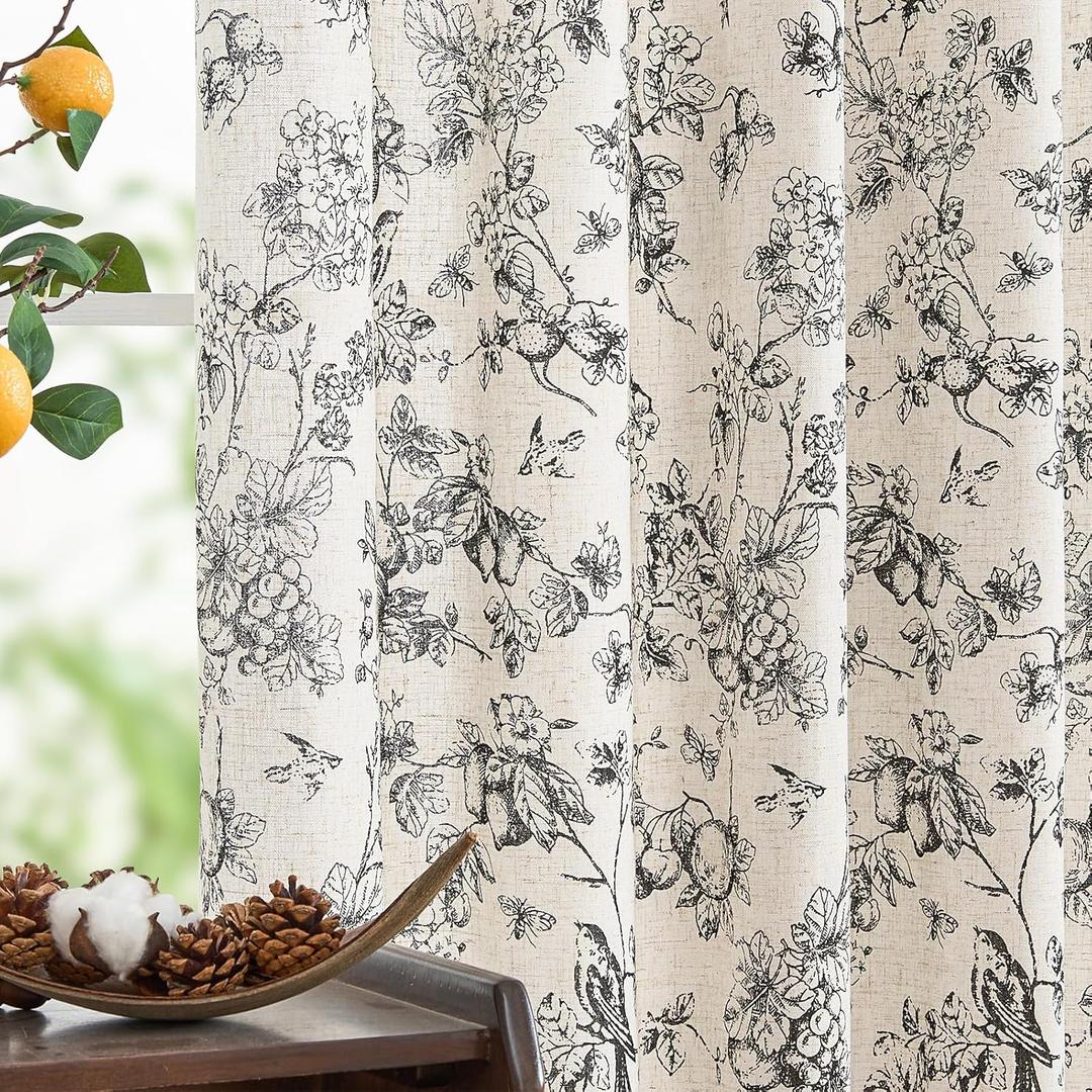 jinchan Linen Floral Curtains for Living Room 84 Inch Length Black Printed Flower Light Filtering French Country Farmhouse Cottage Core Toile Curtains Back Tab Window Drapes Set 2 Panels