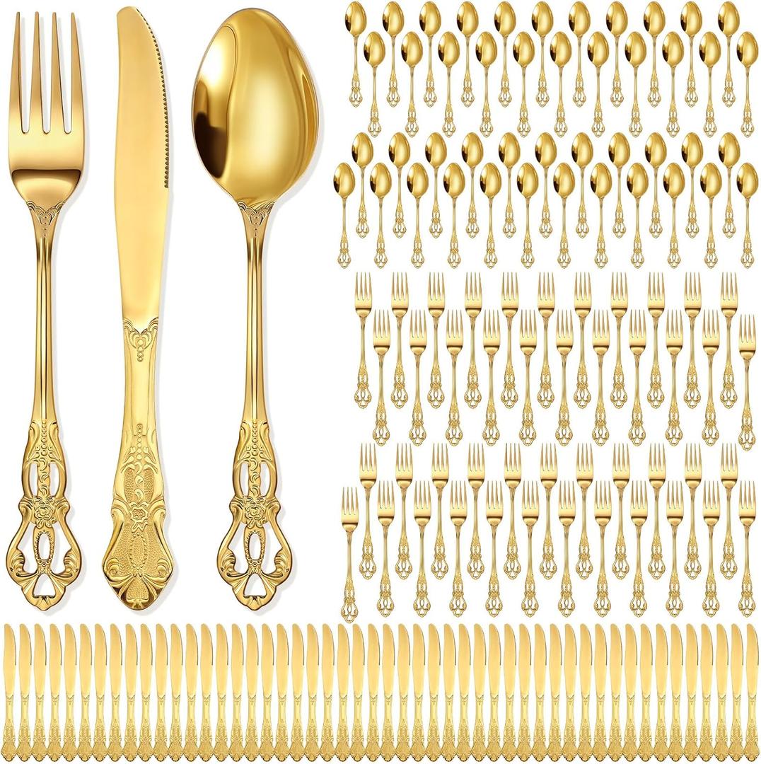 Dandat 150 Pieces Retro Royal Gold Silverware Set Gorgeous Stainless Steel Flatware Cutlery Service Include Fork Spoon Knife Vintage Hollow Relief Design for Home, Restaurant, Festival Parties (Large)