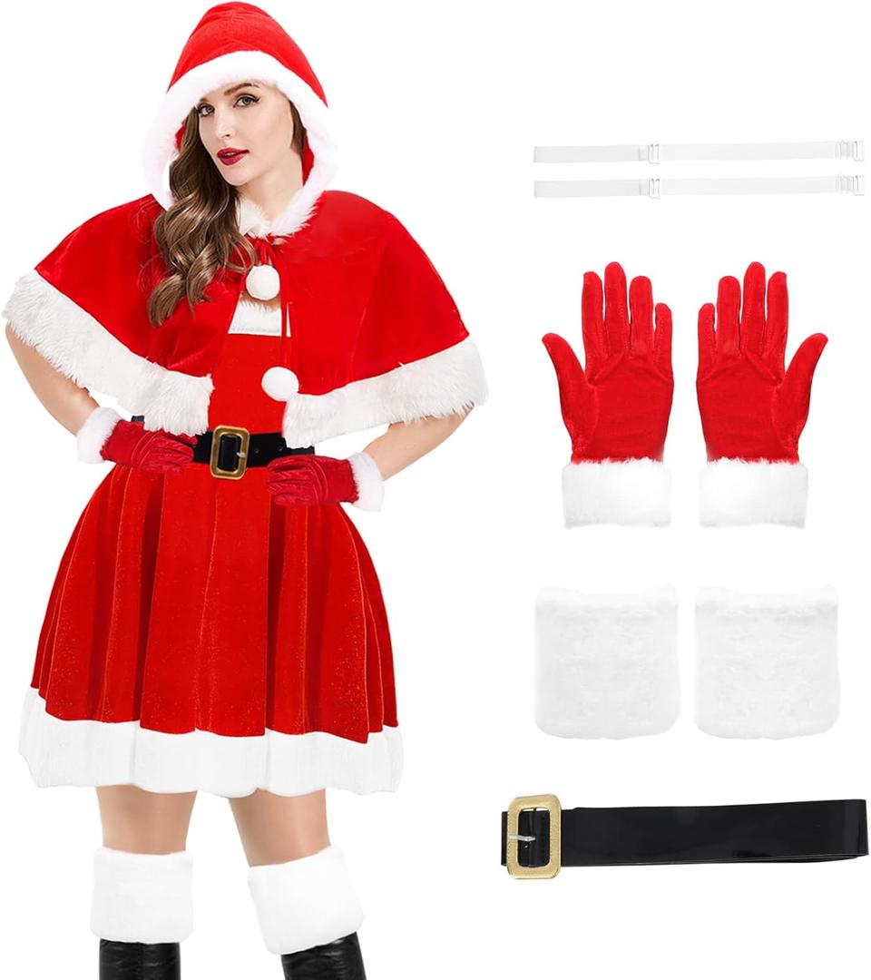Mrs Claus Costume for Women, 6PCS Adult Santa Costumes Claus Dress Christmas Velvet Dress Outfit with Cloak Belt