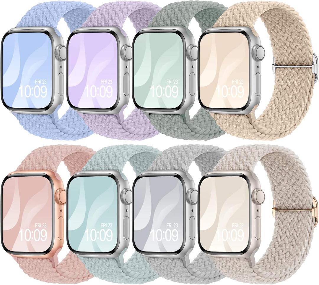 8 Pack Braided Stretchy Solo Loop Compatible with Apple Watch Bands for Women 40mm 38mm 41mm 44mm 46mm 45mm 42mm 49mm Men, Adjustable Sport Elastic Strap for iWatch Series 11 10 9 8 7 6 5 4 3 SE Ultra (Lavender/Beige/Starlight/Succulent/Pink Sand/Sage Green/Light Blue/Stone)