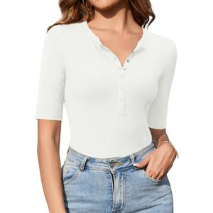 Amoretu Women's Henley Half Sleeve Tops Button Down Fitted Shirts (White, 2XL)