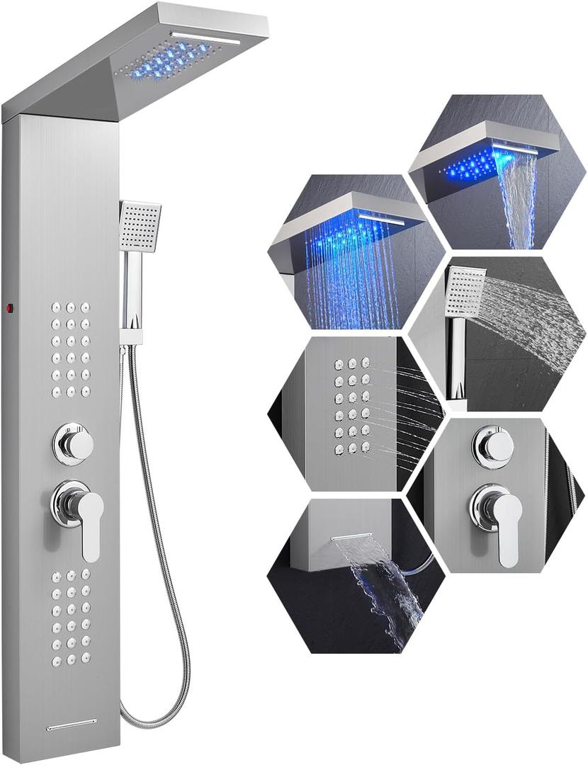 Rainfall LED Shower Panel Tower - 5-in-1 Shower Tower System with Waterfall Shower Head, Powerful Body Jets, Handheld and Tub Spout, Stainless Steel Shower Column, Brushed Finish
