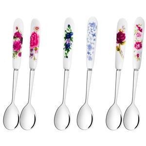 6 PCS Dessert Forks and Spoons Silverware Set with Ceramics Handle,Includes 1PCS Storage Bag,Stainless Steel Mini Coffee,Tea Spoons for Dessert Salad Appetizers