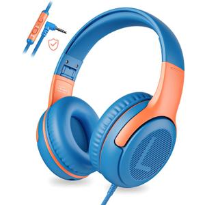 awatrue Kids Headphones Wired Toddler Headphones with Microphone, Over-Ear Headphones, 85/94dB Volume-Limiting, 3.5mm Jack, Foldable On-Ear Design - Safe & Comfortable for Learning & Entertainment (Blue Orange)