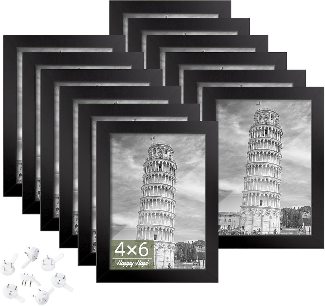 HappyHapi 4x6 Picture Frames Set of 12, Tabletop or Wall Display Pictures 3.5x5 with Mat or 4x6 without, Bulk Picture Frames Collage for Prints, Photos, Landscape and Artwork (Black)