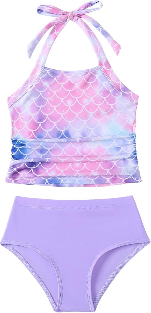 Saeaby Toddler Little Girls Swimsuit Summer Halter Ruched Tankini 2 Piece Bathing Suit for Girl Beach Swimwear 3-8Y