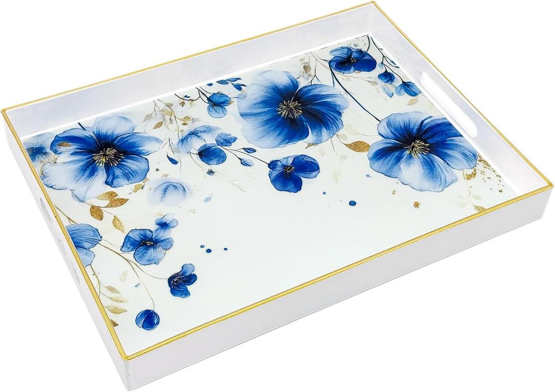 Serving Tray with Handles, 15.7 * 11.8 inches, Plastic Ottoman Tray with Exquisite Paintings, Trays for Coffee Table (Charm Blue)