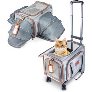 PAWLALA Premium Expandable Pet Carrier with Wheels - Airline Approved Rolling Travel Carrier for Small Dogs & Cats Up to 13lbs - Detachable Design (18x11x11) - Ice Gray