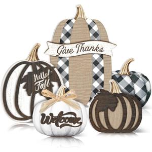 5 Pcs Fall Thanksgiving Pumpkin Decor for Home Thanksgiving Plaid Wooden Table Centerpiece Decorations Fall Wooden Pumpkin Signs for Autumn Farmhouse Home Kitchen Mantle Tabletop Supplies