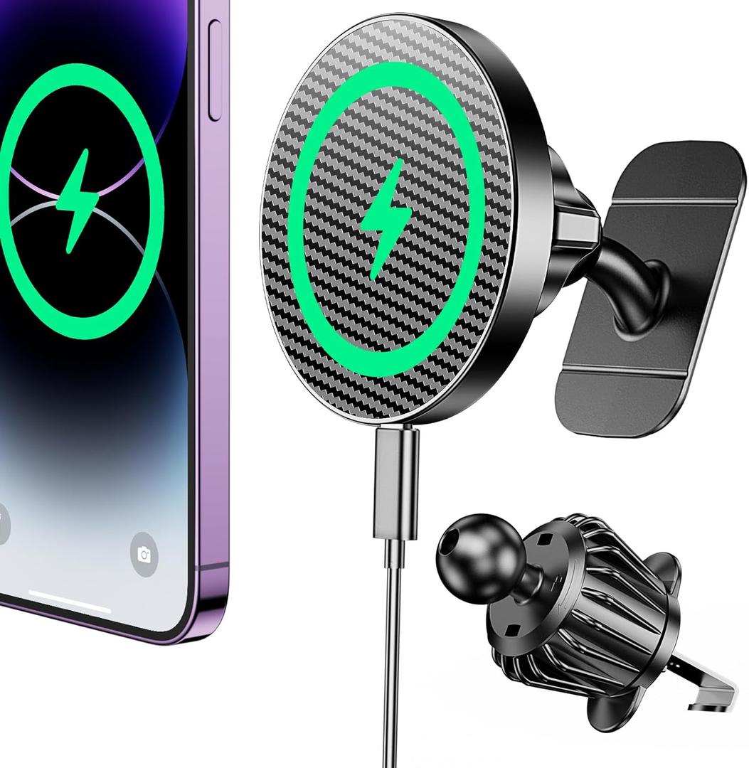 Coolpow for Magsafe Car Mount Charger100% Stable15W Magsafe Car Charger Magnetic Phone Holders for Your Car Accessories for Women Men car Phone Holder Wireless Car Charger for iPhone (Carbon Fiber)