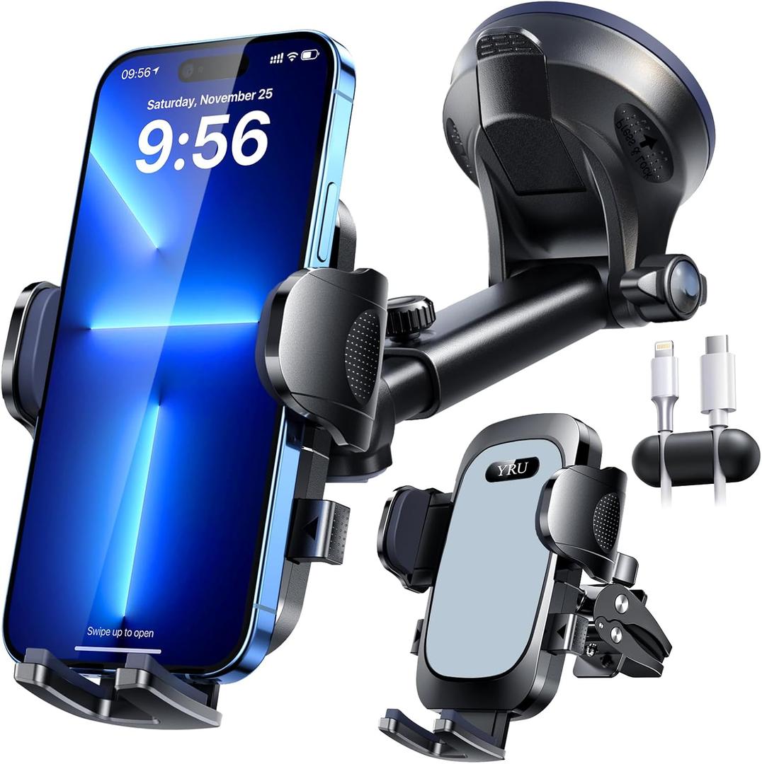 YRU True Military-Grade [360 Rotation Suction] 2026 Ultimate Car Phone Holder Mount 90+LBS Safest Strongest & Patent Certs Dashboard Windshield Vent for iPhone 17 16 Pro Max Samsung