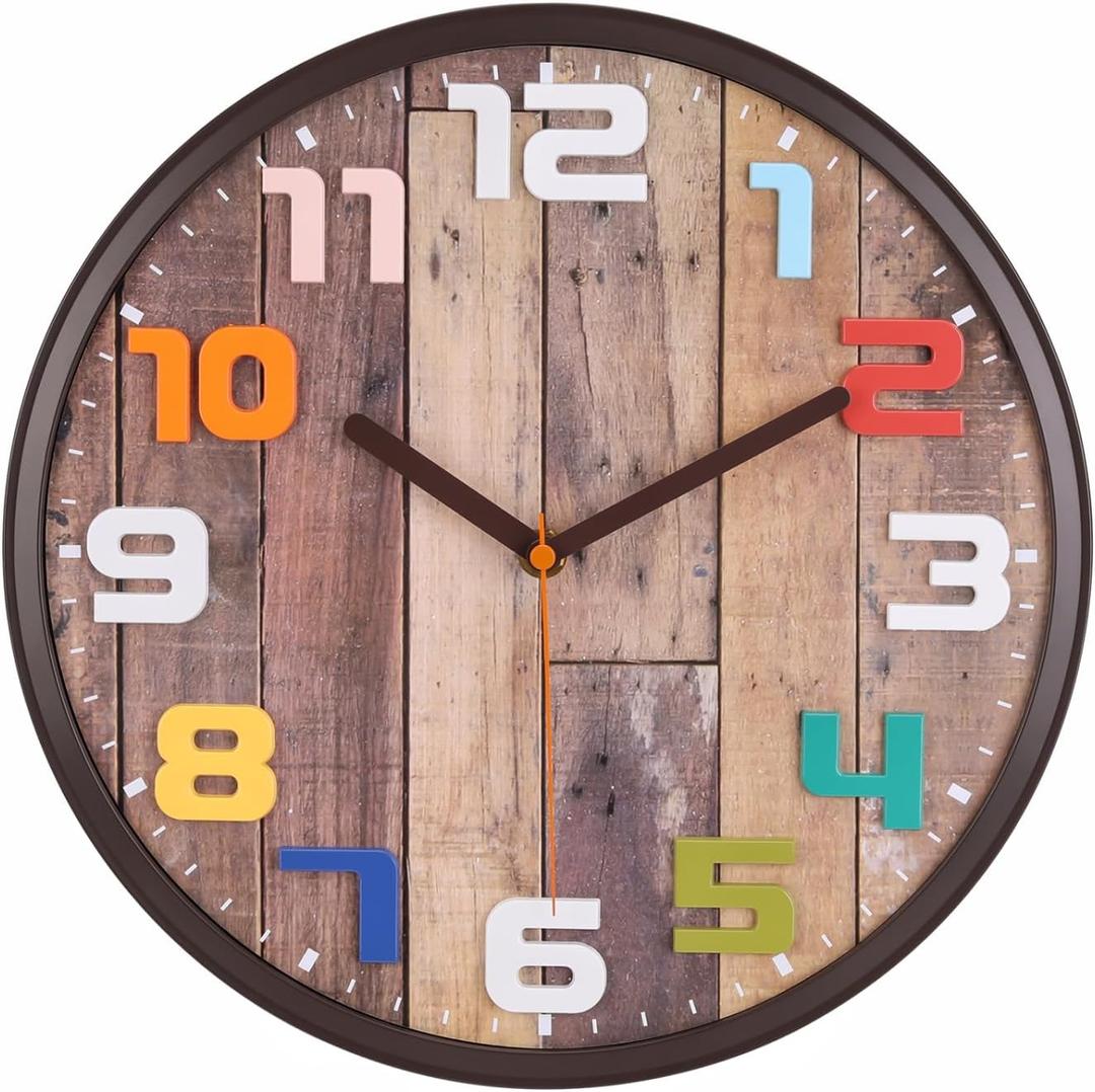 Topkey 12 inch Vintage Silent Wall Clock with Large Colorful 3D Numerals, Non-Ticking Decorative Round Clock for School, Office, Living Room, Bedroom,Kitchen, Brown Wood Grain Battery Operated