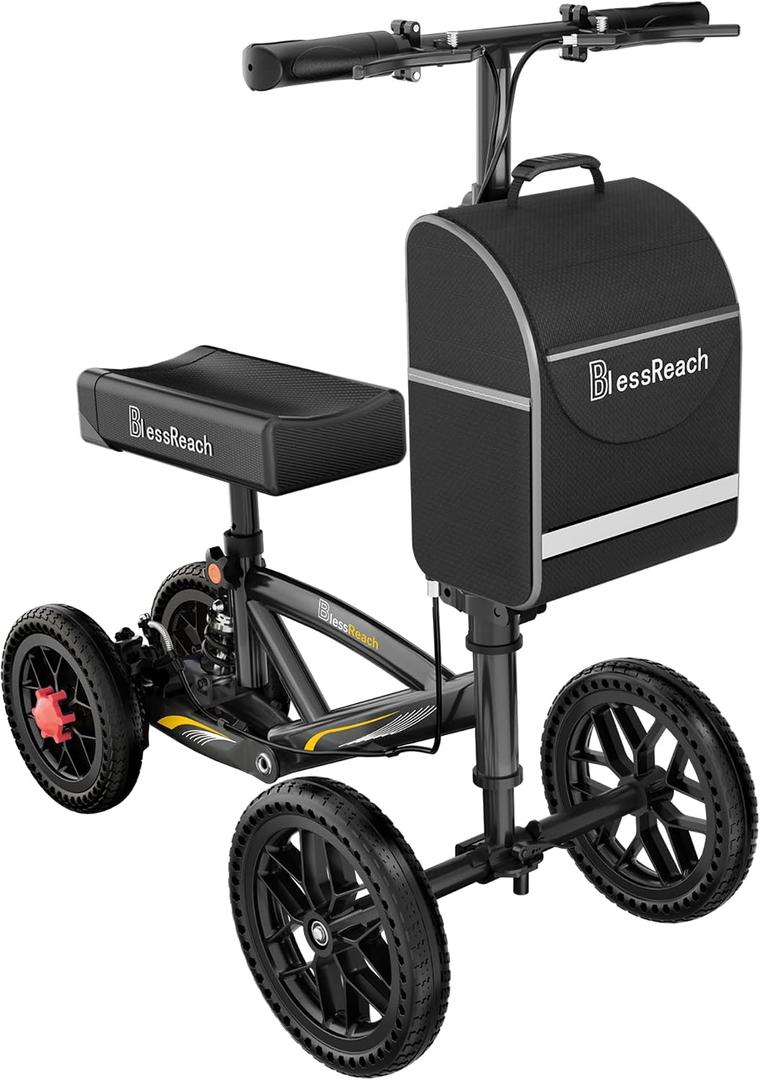 BlessReach All Terrain Foldable Knee Scooter Walker - Economical Knee Walker for Foot Injuries, Compact Crutches Alternative - Black
