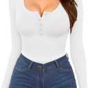 MANGOPOP Women Long Sleeve Scoop Neck Henley T Shirts Button Down Slim Fit Tops Ribbed Knit Shirts Size XS