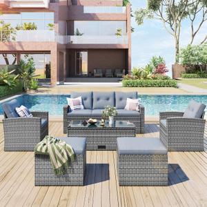 6 Pieces Wicker Patio Conversation Set with Coffee Table and Removable Cushions, PE Rattan Outdoor Sectional Sofa with 3-seater Couch and Two Armchairs & 2 Ottomans for Garden, Backyard, Poolside