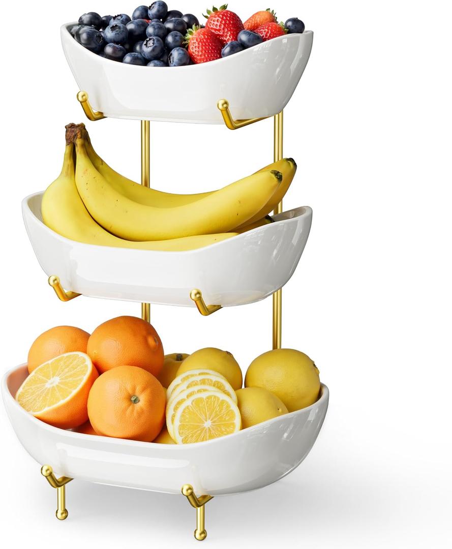 3 Tier Ceramic Fruit Bowl for Kitchen Counter Fruit Basket with Gold Metal Stand, Fruit Holder for Snacks, Nuts, Cakes, Desserts, Bread, Candy Storage