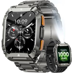 Military Smart Watches for Men, 1.95'' Smart Watch with 100 Days Battery/Flashlight, Fitness Tracker Watch with Heart Rate/Sleep Monitor/100+ Sports Mode,5 ATM Rugged Smartwatch for Android and iPhone (Black+Stainless Steel)