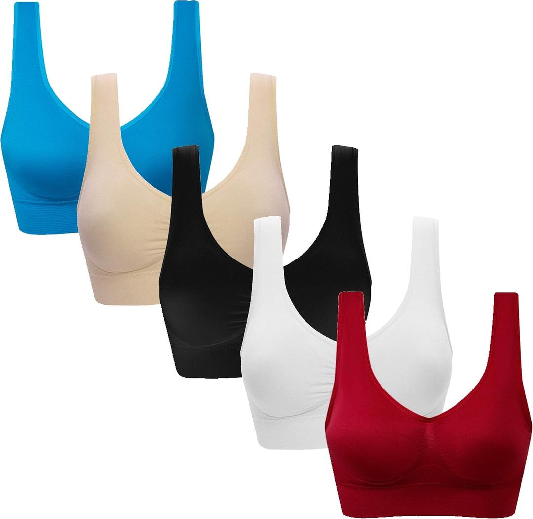 Vermilion Bird Women's 3 Pack Seamless Comfortable Sports Bra with Removable Pads (4X-Large, 5 Pack: Black White Nude Aqua Merlot)
