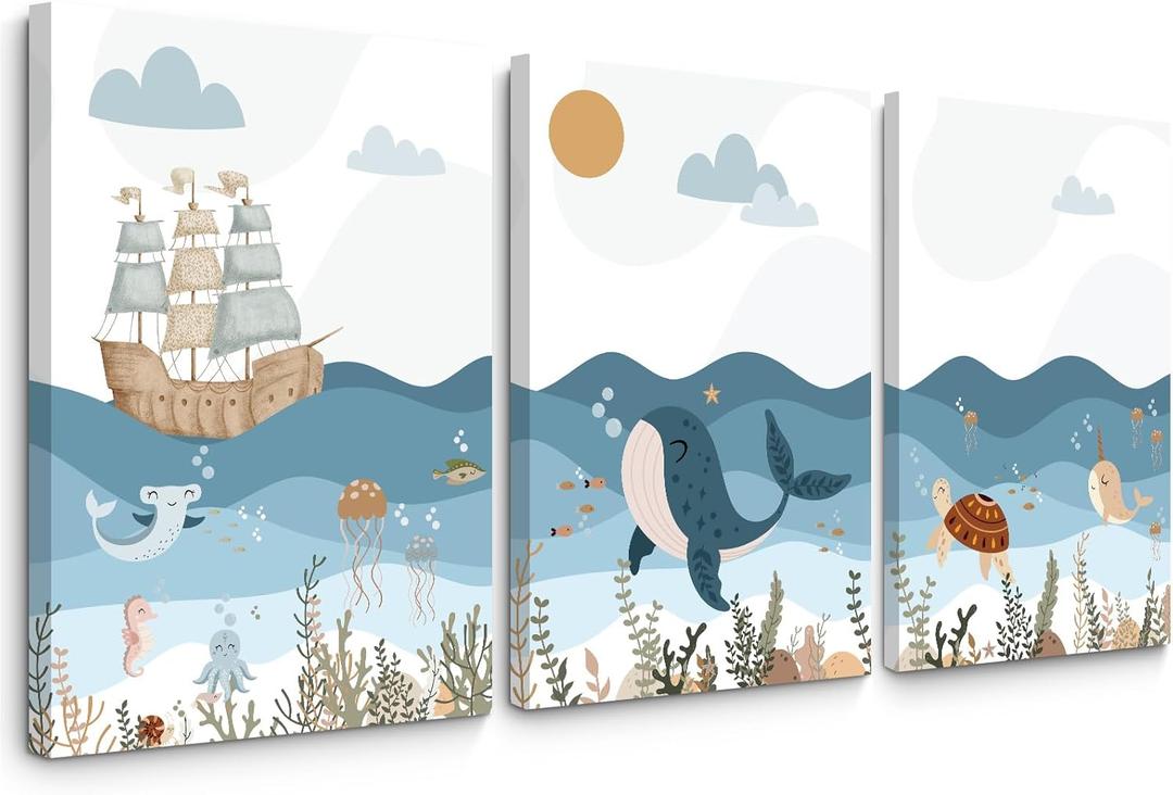 Ocean Nursery Wall Art Pictures Blue Nautical Canvas Art Beach Animal Wall Decor Baby Boys Room Wall Art Sea Whale Prints Ocean Nautical Poster for Nursery Baby Room 12x16 Inch Set of 3 Framed
