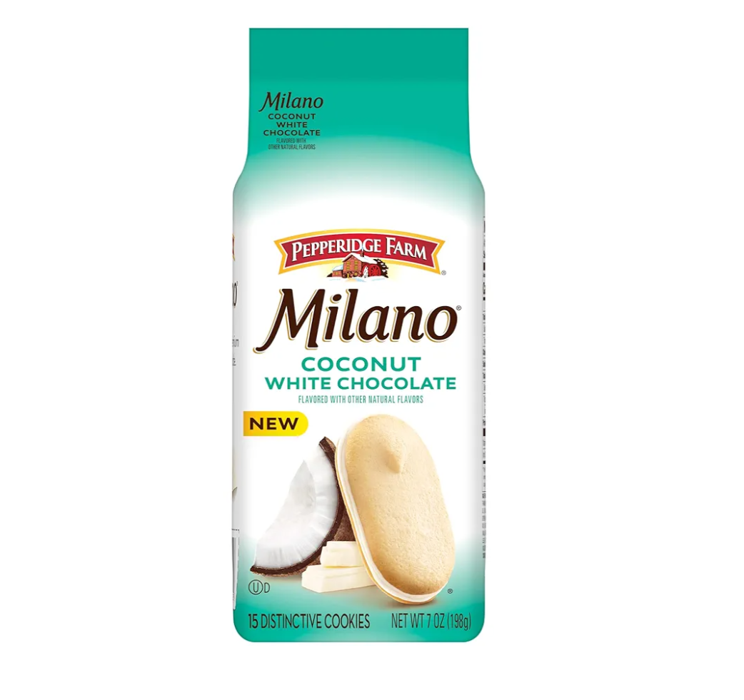 Pepperidge Farm Milano White Chocolate Coconut Flavored Cookies, 7 Oz Bag, 11 Pack, Best By 07/20/25