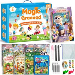 Magic Grooved Writing Practice Books for Kids, Reusable Handwriting Practice Books, Grooved Writing Books, Preschool Learning Activities Gifts for 3 4 5 6 7 8 9 10 11 12 Years Old Boys Girls(8)