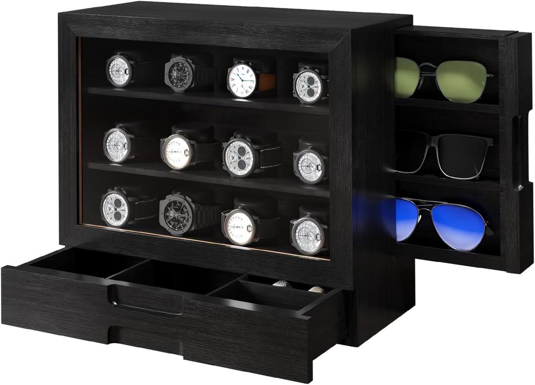 AUTOARK Wooden Watch Sunglass Display Case,12 Watch Box with Jewelry Drawer,Watch Eyeglass Holder with Window,Vertical Storage,Gift Idea,Black,AW-184