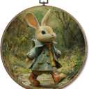 FUGWN Vintage Easter Bunny Round Wall Art Decor Framed, Rustic Farmhouse Bunny Canvas Artwork Prints, Cottagecore Landscape Rabbit Wall Hanging Decorations for Home Bedroom Living Room, 10x10 Inch