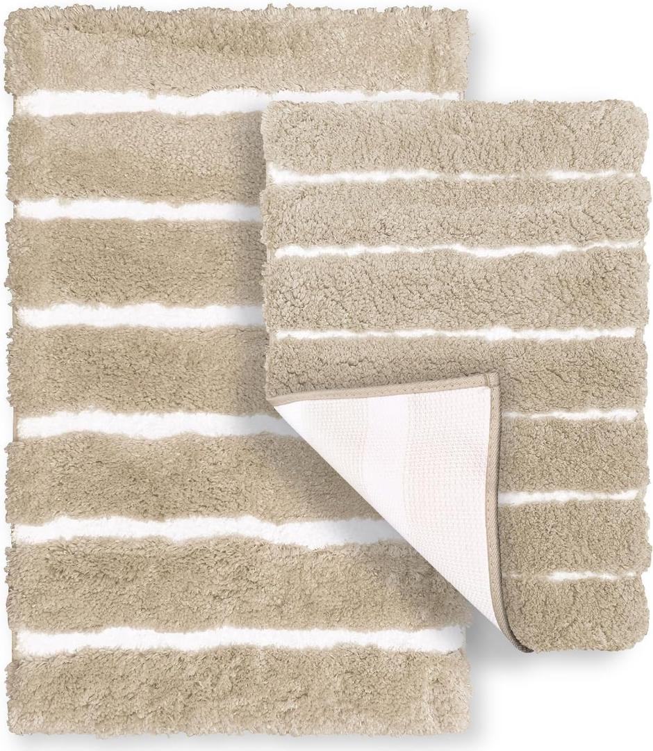 Bathroom Rugs Set 2-Piece – Soft Fluffy Stripe Rug, Bath Mat & Shower Mat, Non Slip Rubber Backing, Water Absorbent, Décor, Machine Washable Bathroom Decor, 20"x32"+17"x24", Taupe/Pure White