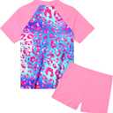 Girls Swimsuit Colorful Short Sleeve Bathing Suits UPF 50+ Rash Guard Set Two Piece Summer Swimwear