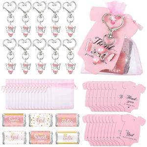 Teling 50 Sets Baby Shower Party Favors Baby Shower Angel Keychains Label Sticker Cards Organza Bags for Baptism Party(Pink)