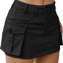 EARKOHA Women's Mini Cargo Skirt Y2K Low Waist Button Short Bodycon Denim Jean With Flap Pockets, Large, Black 