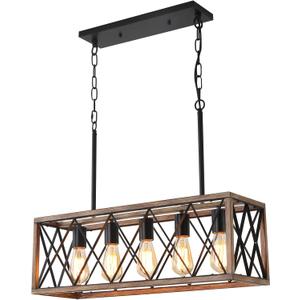 KEESFU 5-Light Dining Room Light Fixture, Farmhouse Kitchen Island Lighting,Adjustable Height Pendant Light, Rustic Linear Chandelier for Kitchen, Dining Room Table, Pool Table. (Wood Grain Color)