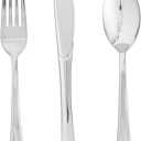 FOCUSLINE 75 Pack Silver Plastic Silverware Disposable Cutlery Set - 25 Forks Knives Spoons - Disposable Flatware Heavy Duty Plastic Utensils Set for Catering, Parties, Dinners, Weddings