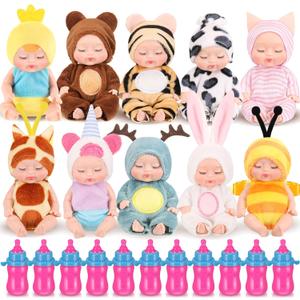 Retrowavy 10 Pcs 4 Inch Mini Baby Dolls Realistic Tiny Baby Doll Animal Clothes Cute Infant Figurine Gifts Set with 10 Pcs Nursing Bottles for Boys Girls Toddlers Kids 3+ Birthday Gift Big Fillers