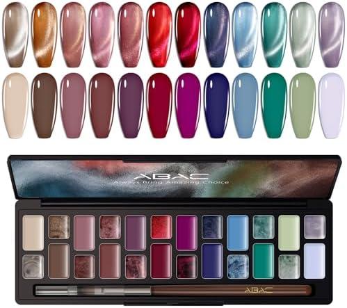 ABAC Solid Cat Eye Gel Nail Polish Palette,Hema-Free 24 Colors Pink Red Green Shimmer Cat Eye Gel Polish,Creme Gel Manicure Palette with Brush and Magnet Soak Off LED Gift for Women