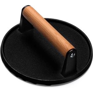 EWFEN Burger Press, 7" Round Heavy-Duty Cast Iron Smash Bacon Press Meat Steak with Wood Handle for Griddle, Sandwich, Nonstick Pan