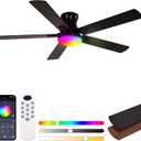 52 Inch Black Ceiling Fans with Lights, RGB Ceiling Fan with Remote and App,Flush Mount Low Profile, Dimmable 35W LED, Reversible, Smart Ceiling Fan for Bedroom Nursery Living Room Apartment
