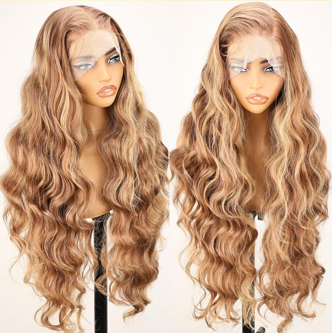 SOKU 13x6 Lace Frontal Wig Blonde Highlights 32 Inch Long Body Wave Pre Plucked with Babyhair Knotless Transparent Lace Heat Friendly Highlighted Bouncy Wave Glueless Synthetic Hair Wigs