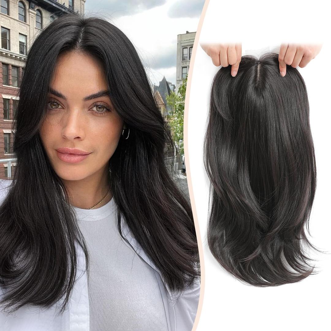 Long Wavy 18inch Hair Topper Big Base Cover Thinning and Gray Hairs Clip in Hair Toppers for Women Fiber Wiglets with Fringe Daily Wear Soft Brown