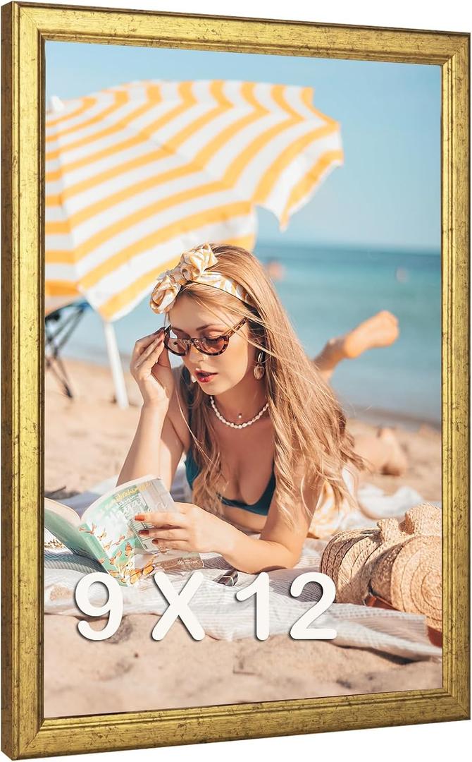 Wood 9x12 Frame Gold, Ornate Natural 12x9in Poster Picture Frame, Modern Golden 9 x 12inch Gallery Wall Photo Frame with HD Plexiglass, Horizontal Vertical Wall Mounting Display 1pcs