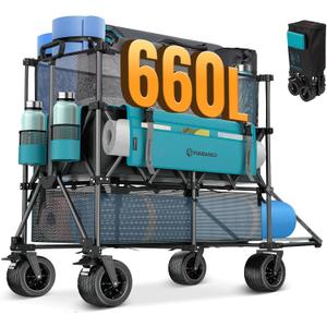 FUNDANGO Double Decker Wagon with High Extender & Tailgate, 660L XXL Foldable Collapsible Double Wagons, Heavy Duty Grocery Cart with All-Terrain Wheels for Camping, Baseball/Softball Gear, Home (Azure)