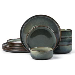 E-far Dinnerware Sets for 4, 12-Piece Stoneware Plates and Bowls Set, Ceramic Dishes Reactive Glaze Dinning Ware, Microwave & Dishwasher Safe - Obsidian Green