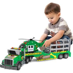 UFLJPKS Kids Dinosaurs Semi Trailer Truck Toys, Large Semi Flatbed Truck Toy with Helicopter and Dinosaurs, Lights and Sounds, Toddler Boy Transport Vehicle Toys for Age 3 4 5 6+
